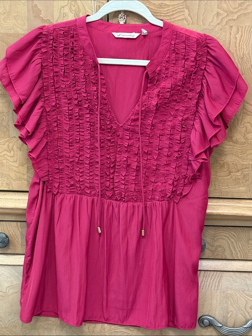 Soft Surroundings Raspberry Ruffle-Sleeve ruffled front Yoke Blouse